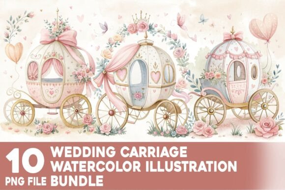 Charming Watercolor Wedding Carriage Graphics for Creative Projects