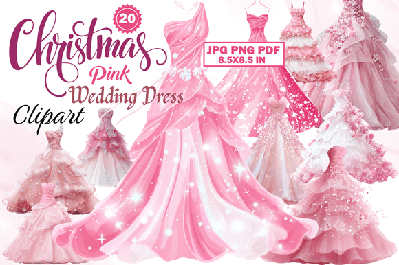 Enchanting Christmas Pink Wedding Dress Clipart for Festive Designs