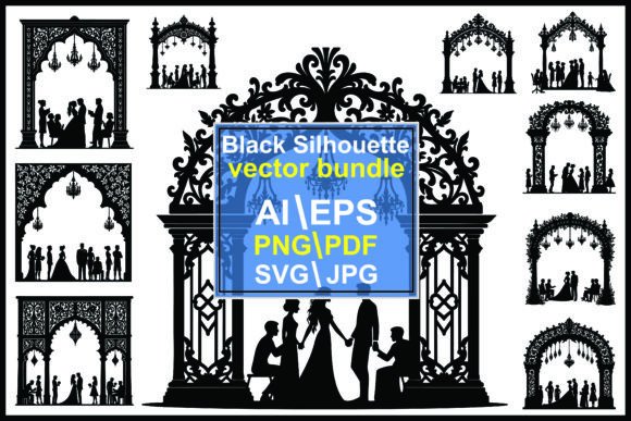 Ornate Wedding Arch Silhouettes: Elegant Vector Art