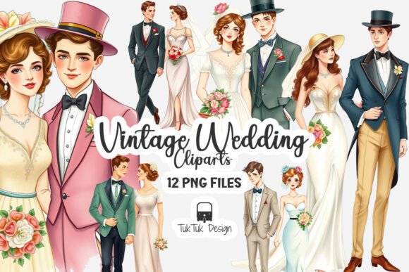 Timeless Romance: Vintage Wedding Couple Clipart for Your Designs