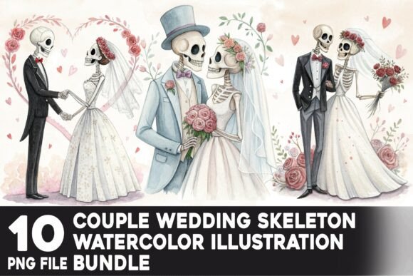 Wedding Skeleton Watercolor Bundle: A Gothic Twist on Romance
