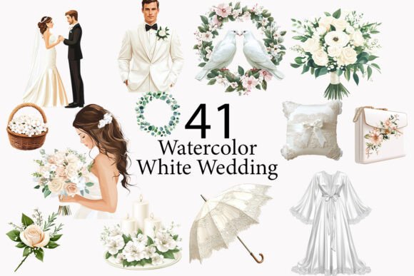 White Wedding Watercolor Clipart: Soft, Romantic Design Elements